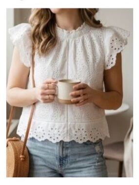 White Eyelet Flutter Sleeve Blouse Top